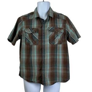 prAna Men's Organic Cotton Easy Snap Short Sleeve Shirt Size Medium Teal Brown